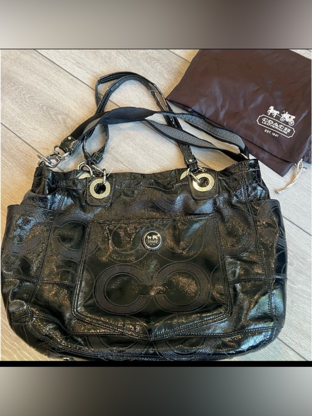 Coach vintage black patent leather large signature travel bag with dust bag